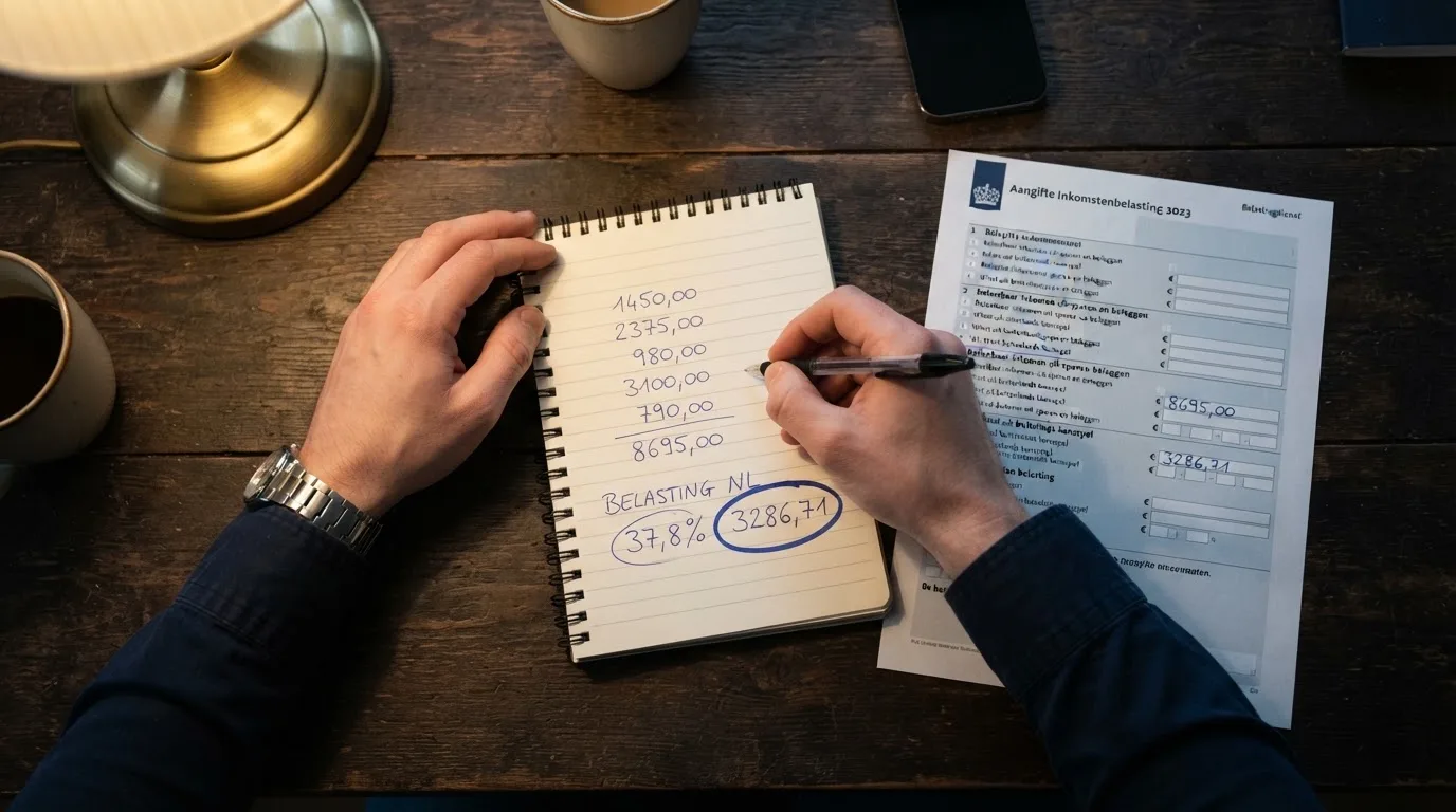 Een belastingformulier met een rekenmachine en het percentage 37,8%