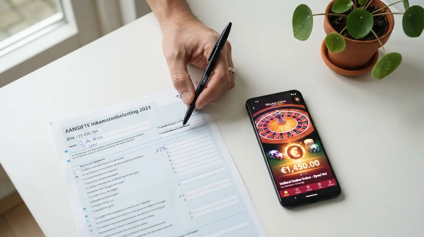 Een Nederlandse belastingaangifte naast een casino-app