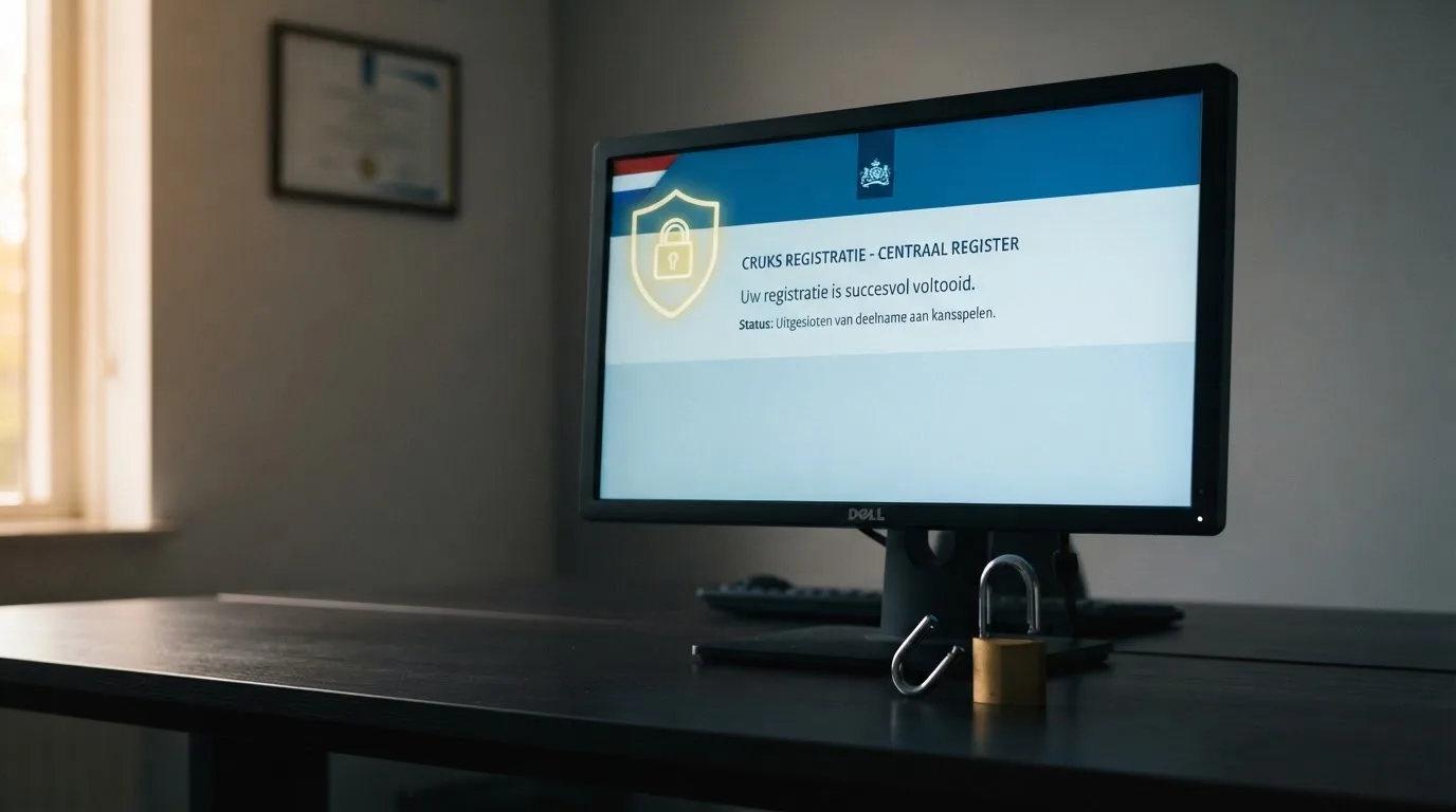 Het logo van de Kansspelautoriteit naast een Cruks-registratiescherm op een beeldscherm, met een slotje dat openklapt