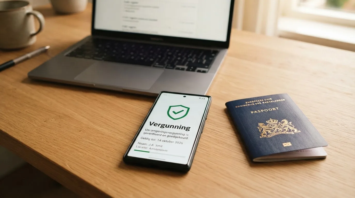 Het Ksa-logo op een smartphone-scherm naast een Nederlands paspoort, met op de achtergrond het casino-vergunningenregister