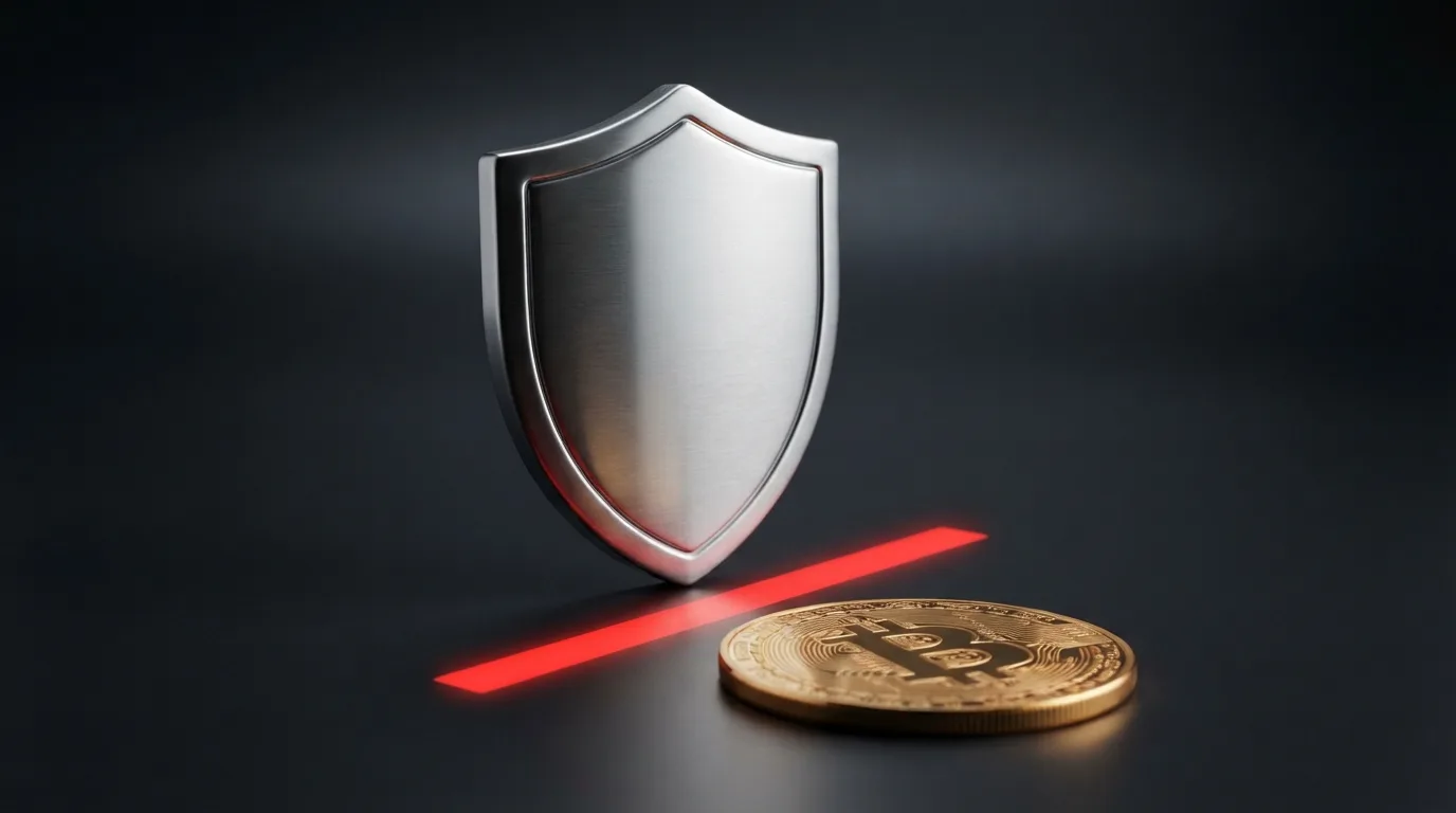 Het logo van de Kansspelautoriteit naast een bitcoin-symbool met een rood kruis ertussen