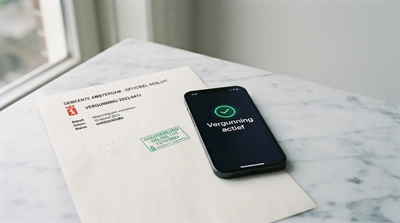 Het Ksa-logo op een smartphone naast een vergunningendocument met een groen vinkje, tegen een rustige witte achtergrond