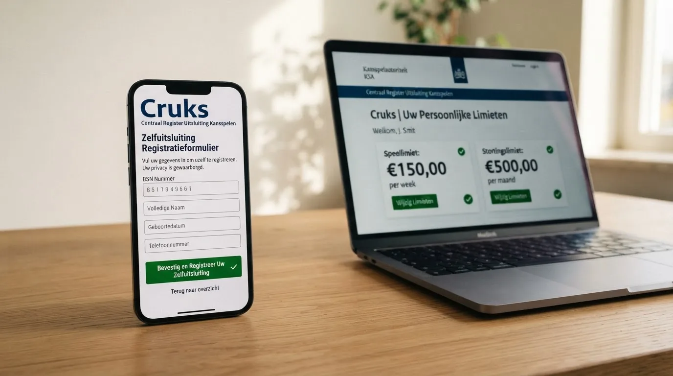 Een smartphone met het Cruks-registratiescherm en daarnaast de Kansspelautoriteit-website met stortingslimieten