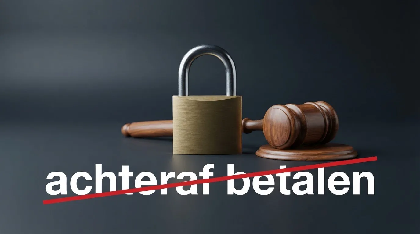 Het logo van de Kansspelautoriteit naast een slot-icoon en de tekst “achteraf betalen” in rood doorgestreept, met een gavel op de achtergrond.