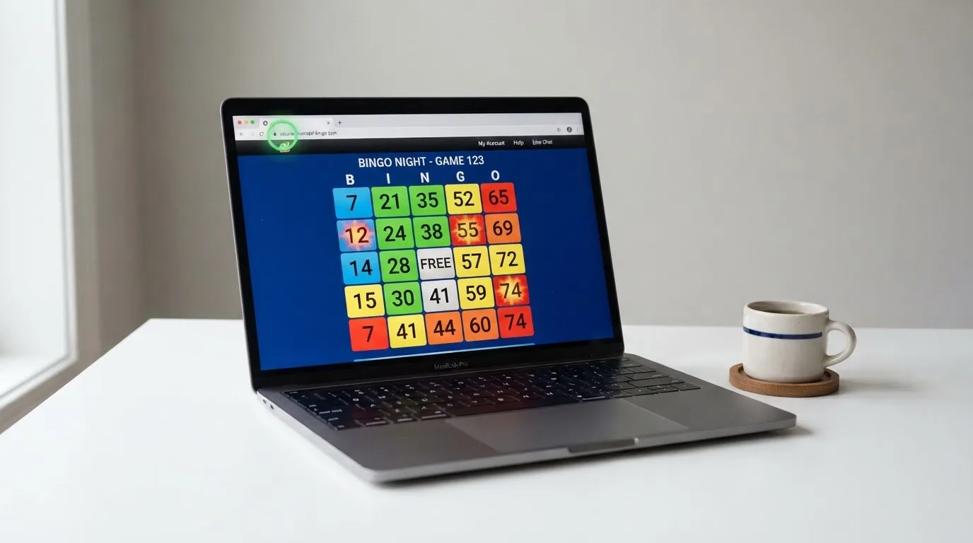 Een bingospel op een computerscherm met een slotpictogram dat een vergunde verbinding aangeeft