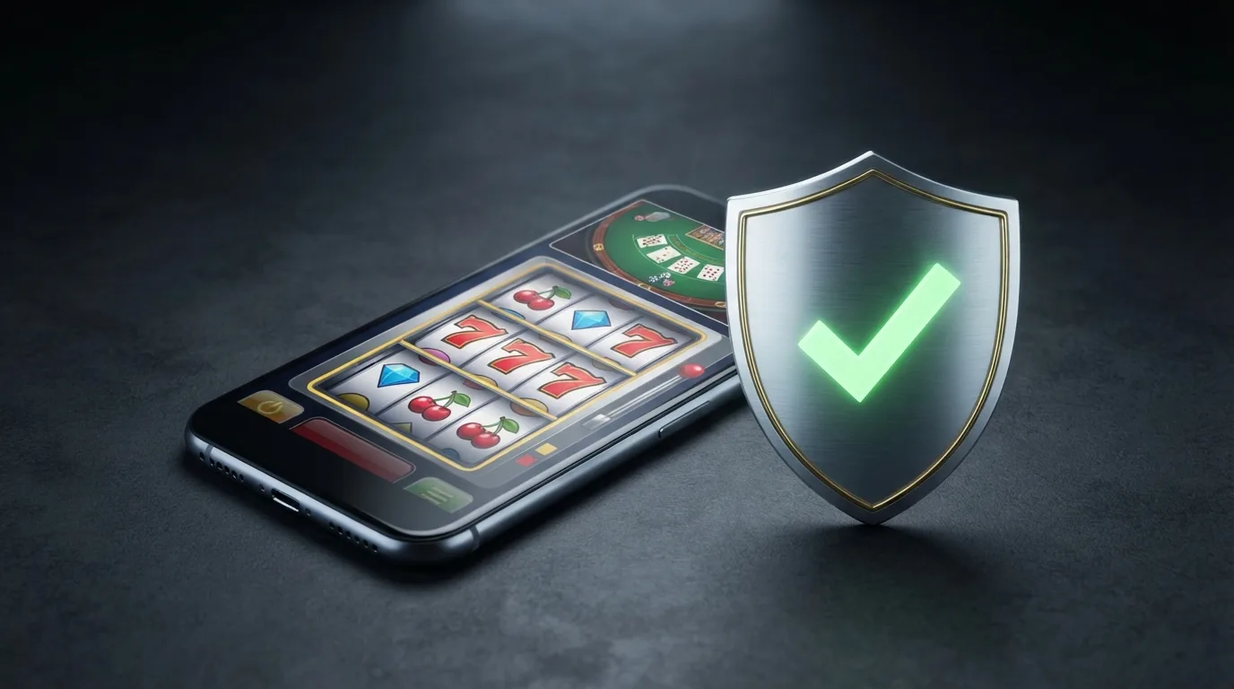 Een smartphone met een casino app en daarnaast het Ksa-logo en een groen vinkje, tegen een donkere achtergrond