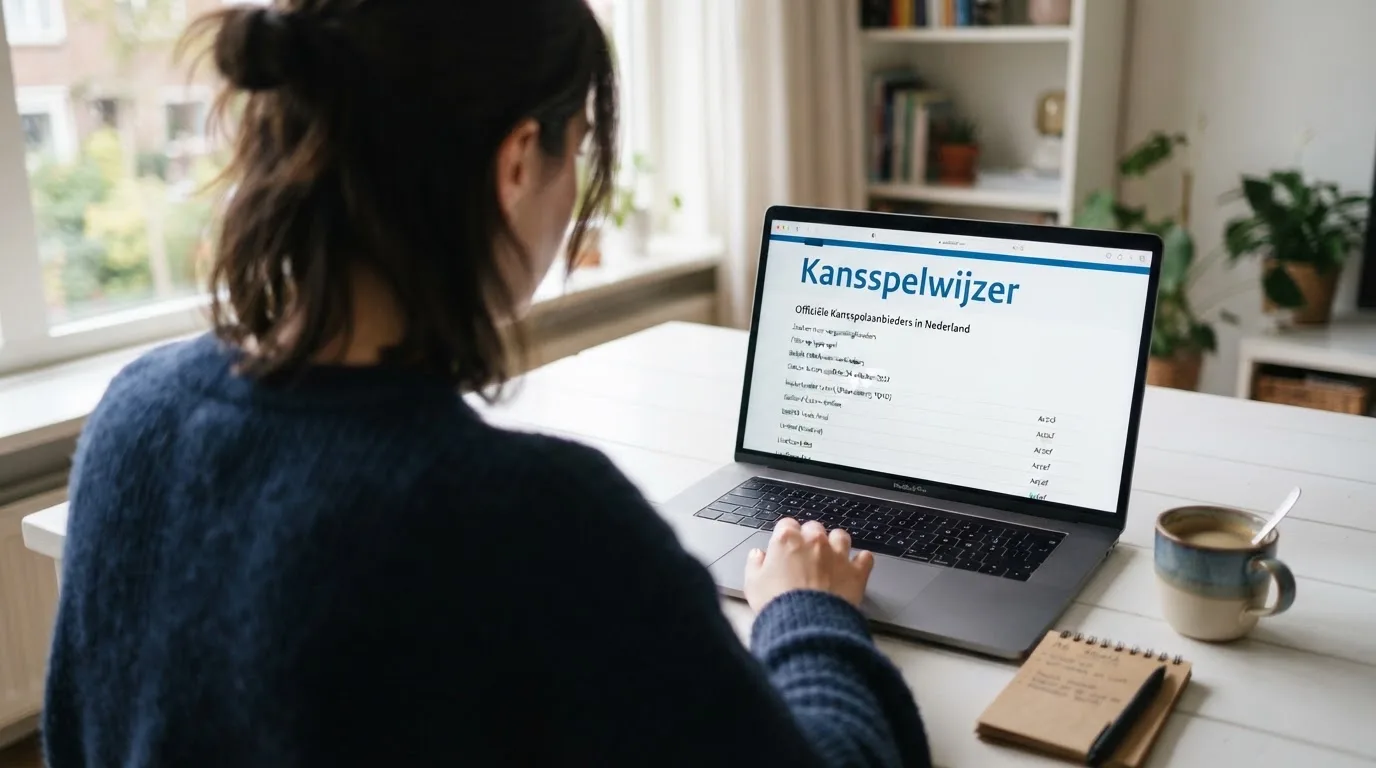 De vergunningenpagina van de Kansspelwijzer op een laptopscherm, met een lijst van vergunninghouders