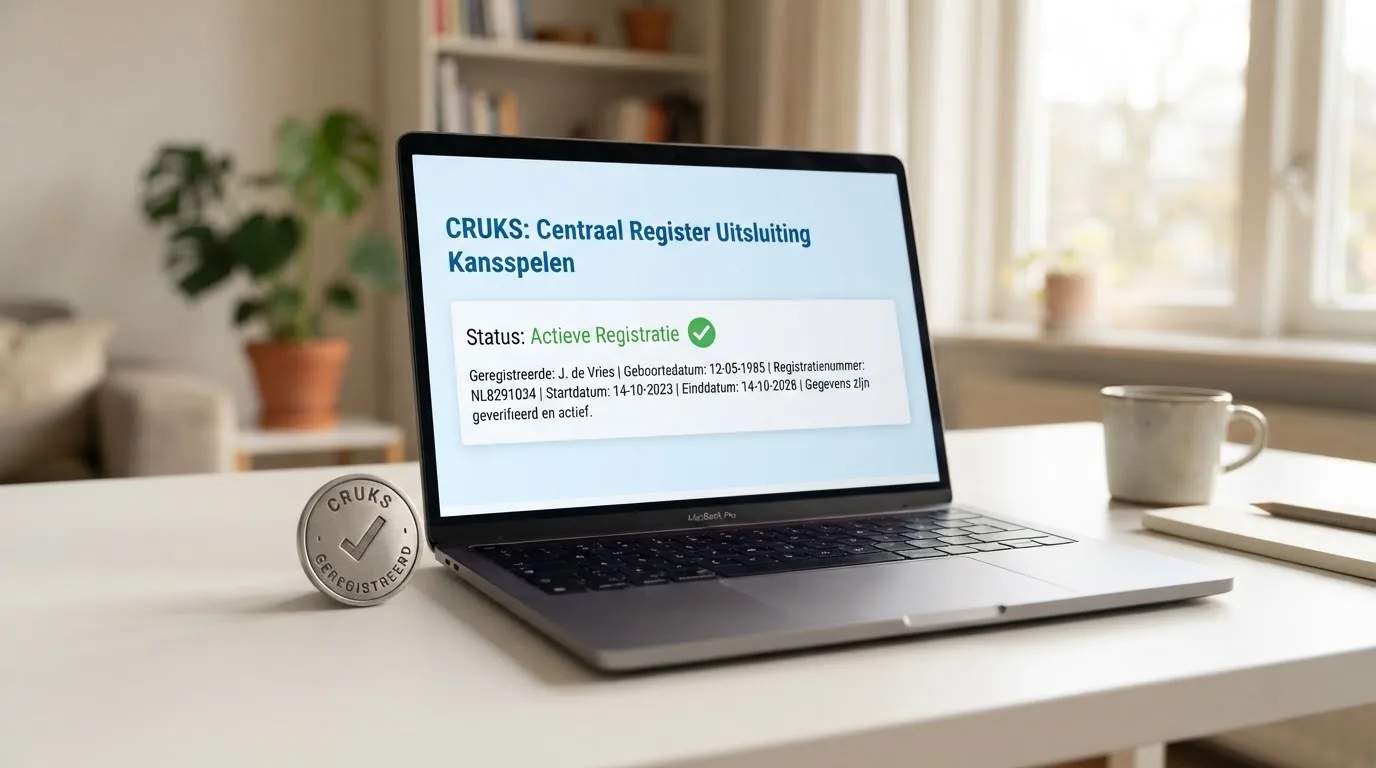 Het logo van de Kansspelautoriteit en een schermweergave van het Cruks-register — de twee pijlers van Nederlandse spelersbescherming