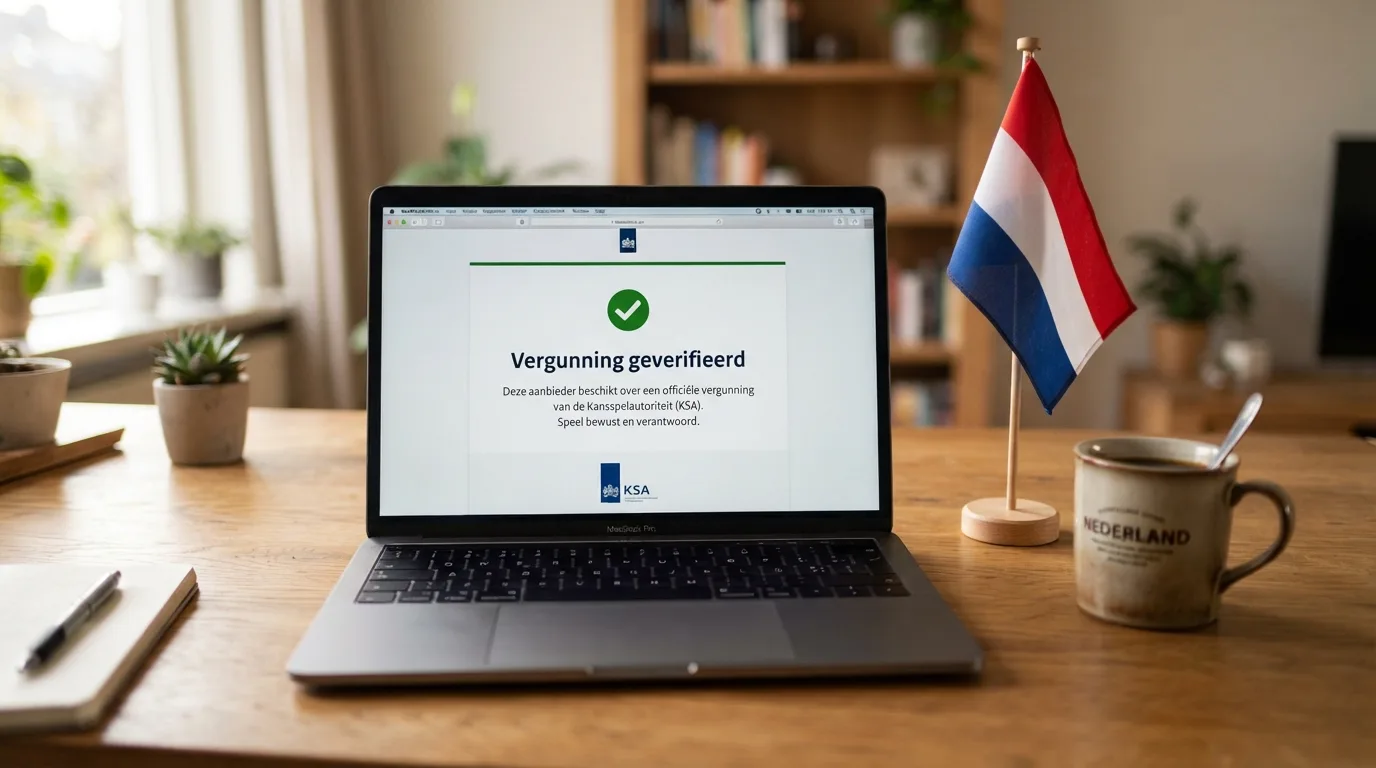 Het KSA-logo en het Cruks-registerscherm op een laptop, met een Nederlandse vlag op de achtergrond