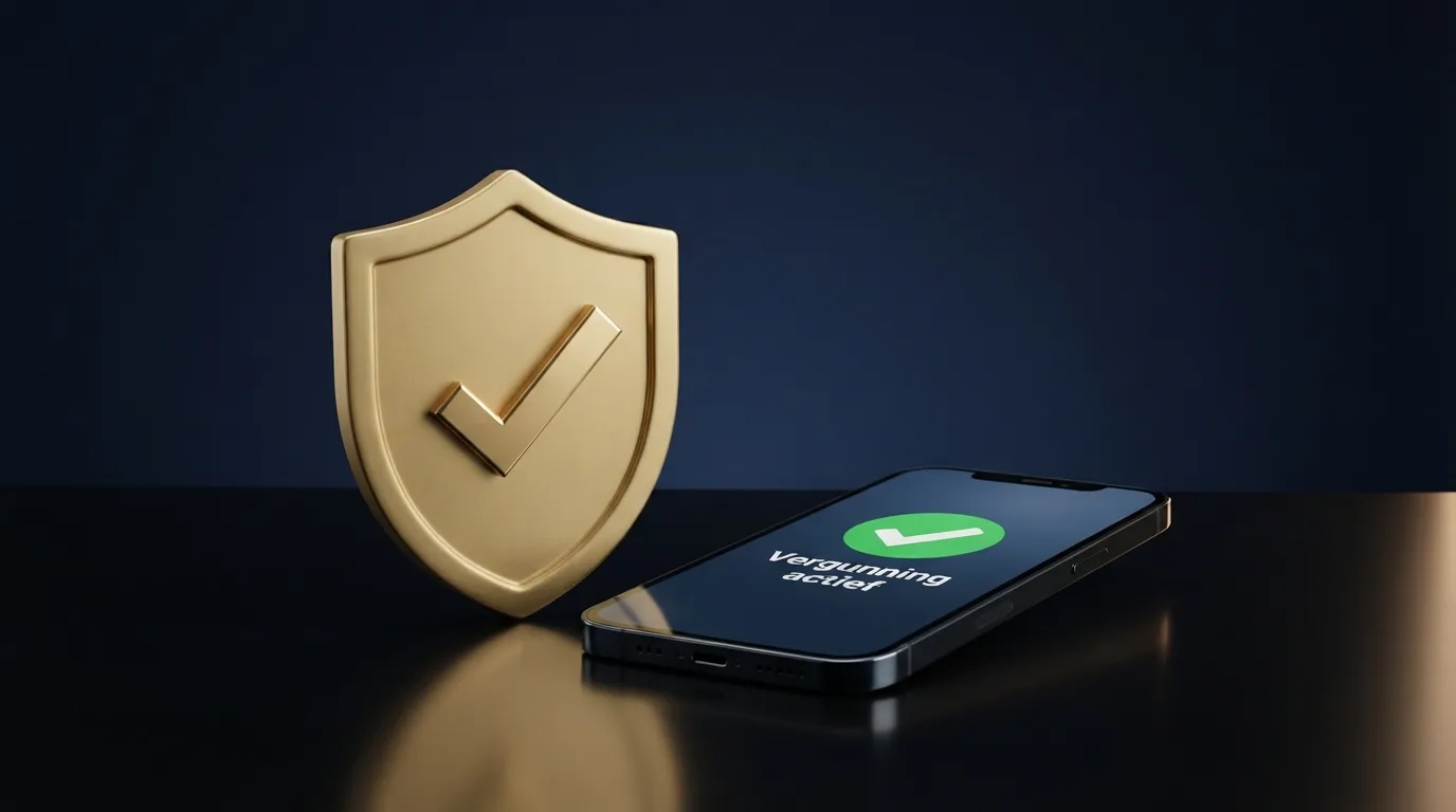 Het logo van de Kansspelautoriteit naast een smartphone met een casino-app, met een slotje of keurmerk-icoon als visuele verbinding