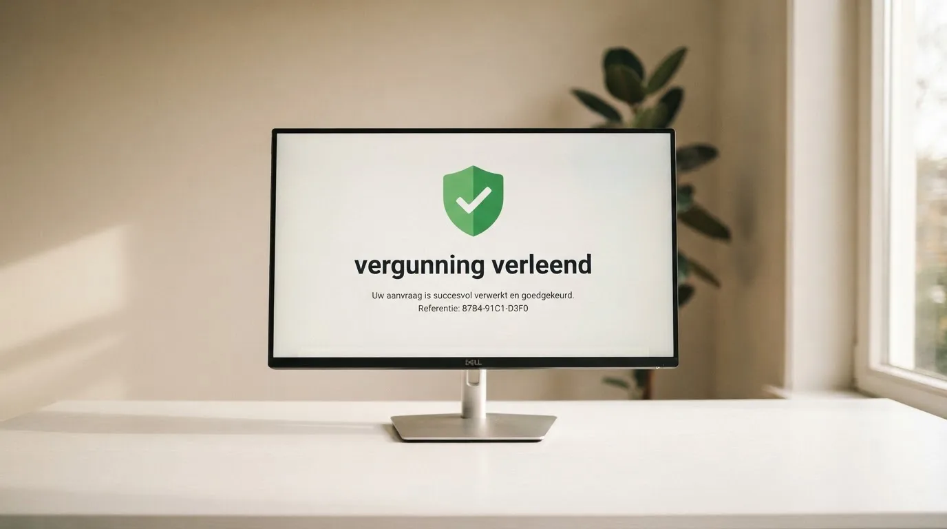 Een computerscherm met het logo van de Kansspelautoriteit en de tekst 'vergunning verleend'