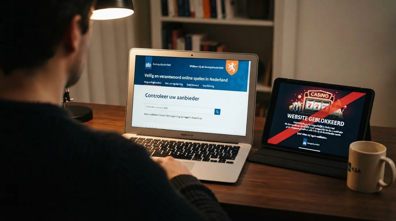 Logo van de Kansspelautoriteit naast een geblokkeerde buitenlandse goksite op een laptopscherm