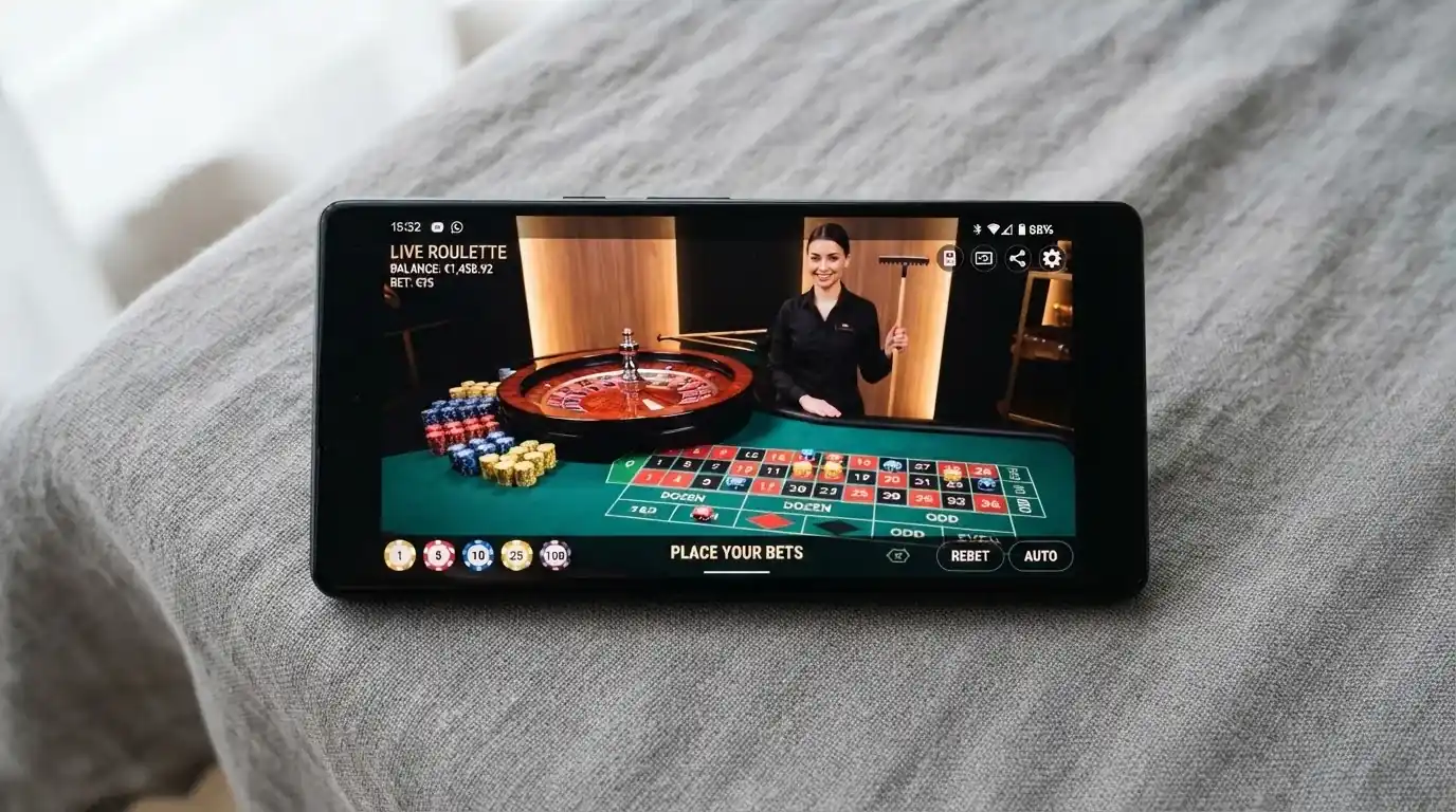 Een Android-telefoon in landscape-modus met een live-roulettetafel van Evolution in een casino-app, met de inzetopties onderaan het scherm