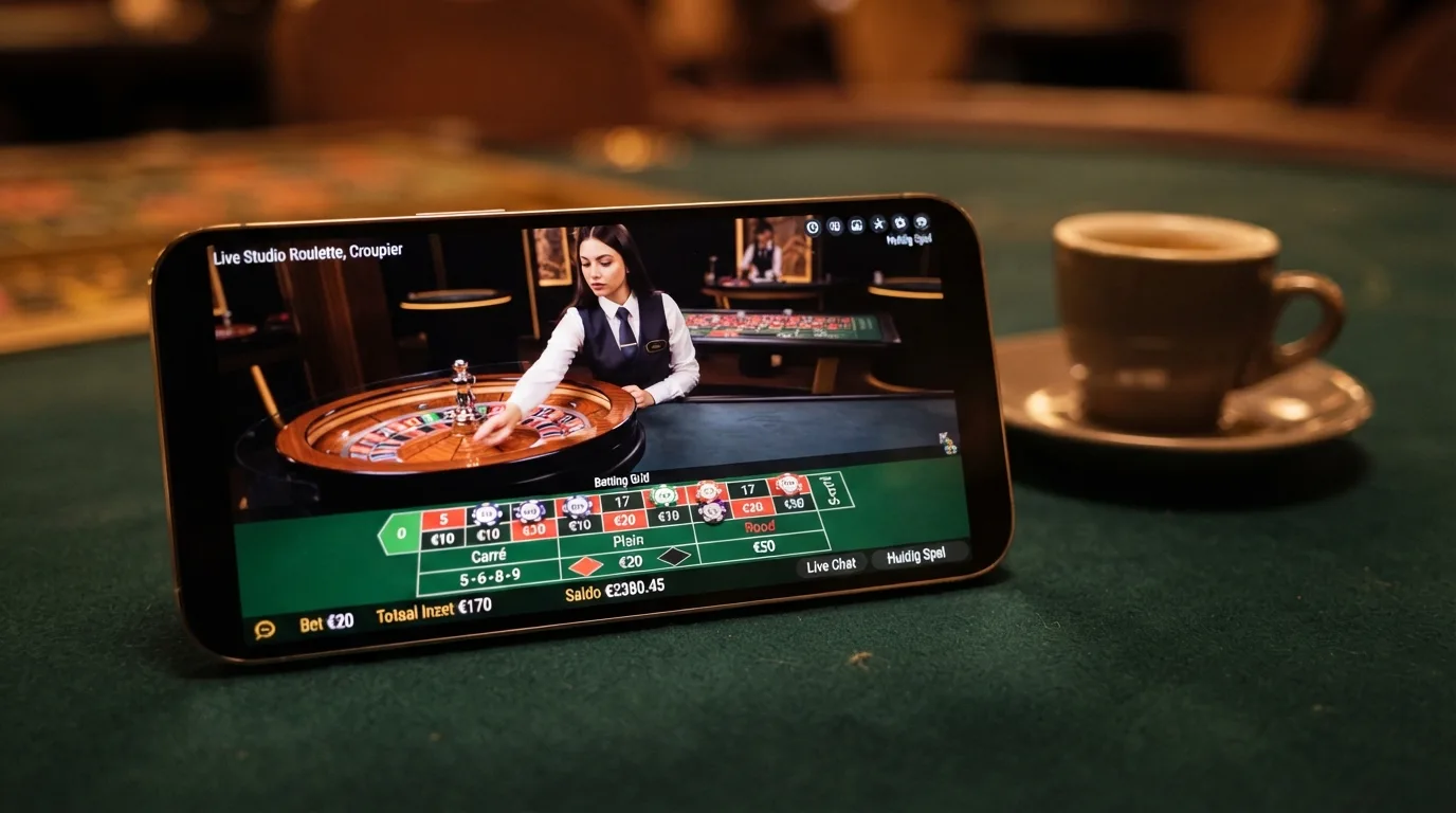 Een iPhone in liggende stand met een live-roulettetafel in beeld, de croupier zichtbaar en de inzetopties op het touchscreen