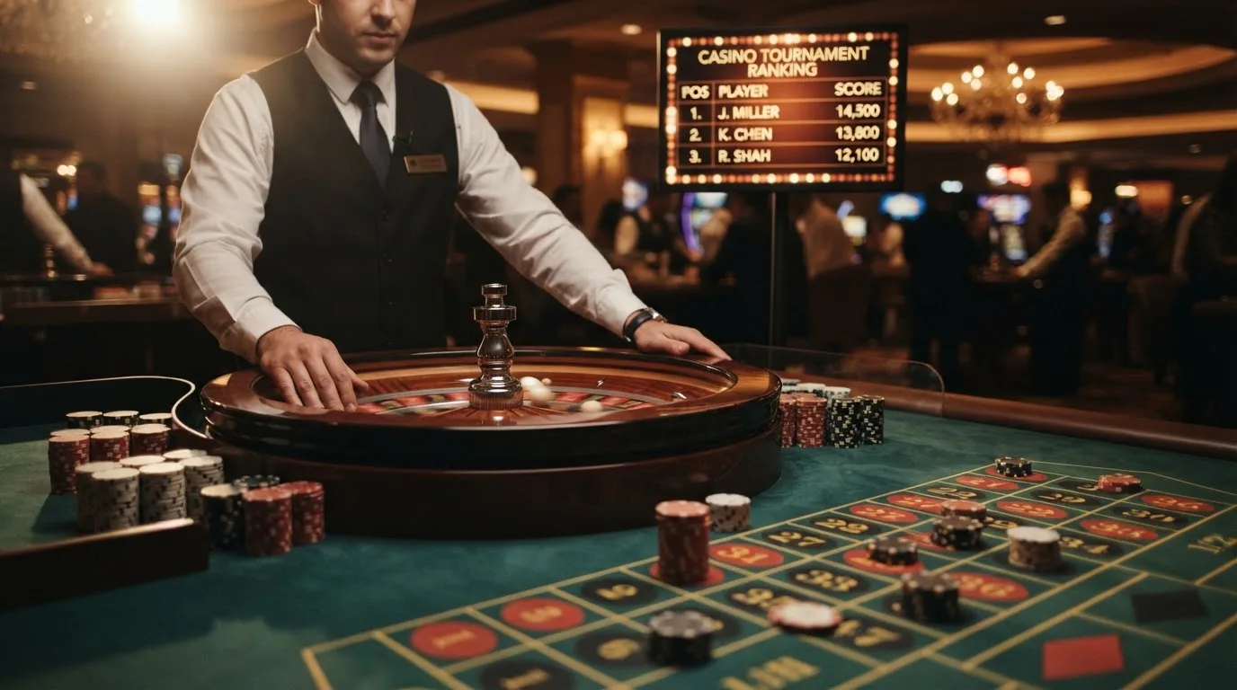 Live roulettetafel tijdens een casinotoernooi met een draaiend wiel