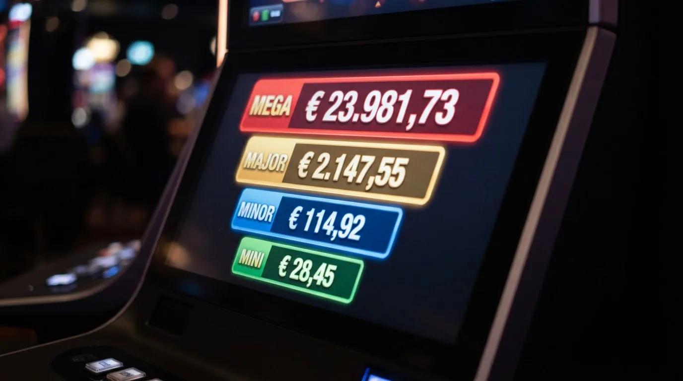De vier gekleurde jackpotniveaus van Mega Moolah en WowPot naast elkaar op een gokkastenscherm, met oplopende bedragen van Mini tot Mega