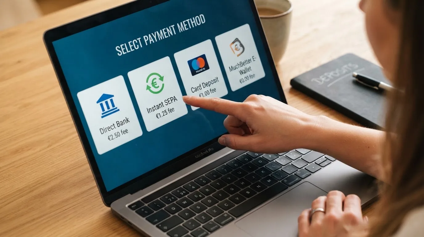 MiFinity-stortingspagina met iDEAL, SEPA, creditcard en Apple Pay als zichtbare opties, met tarieven in euro's