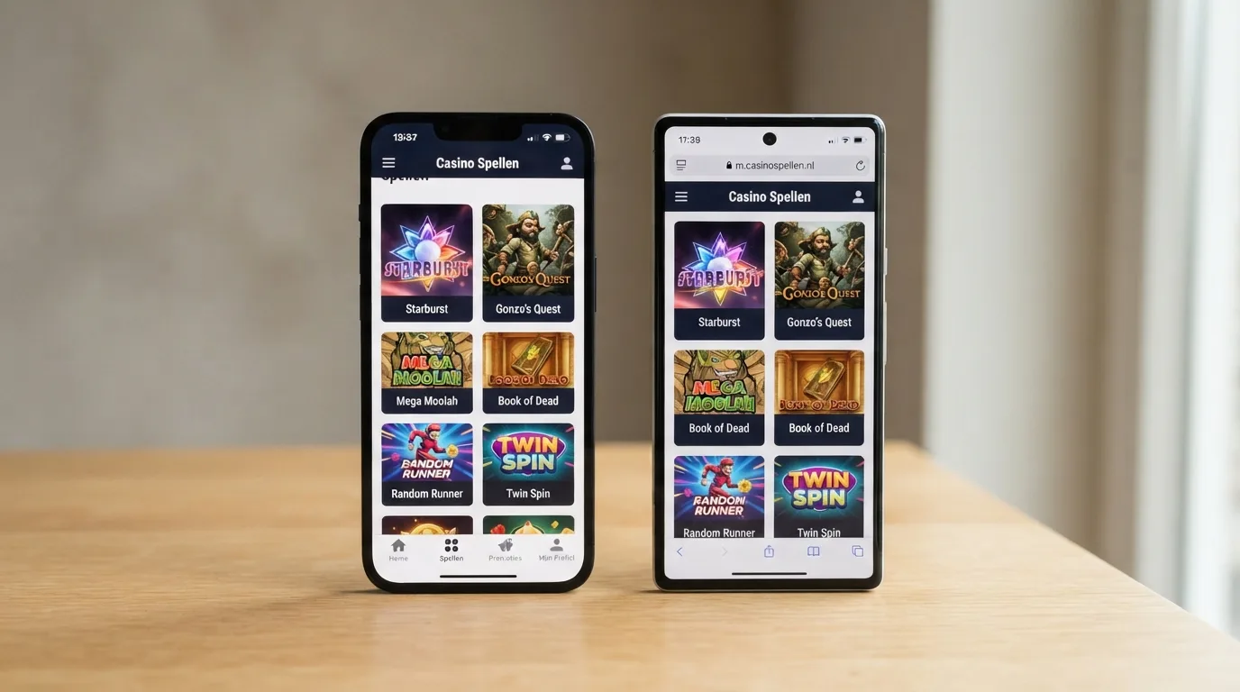 Twee smartphones naast elkaar, één met een casino-app en één met de mobiele browsersite