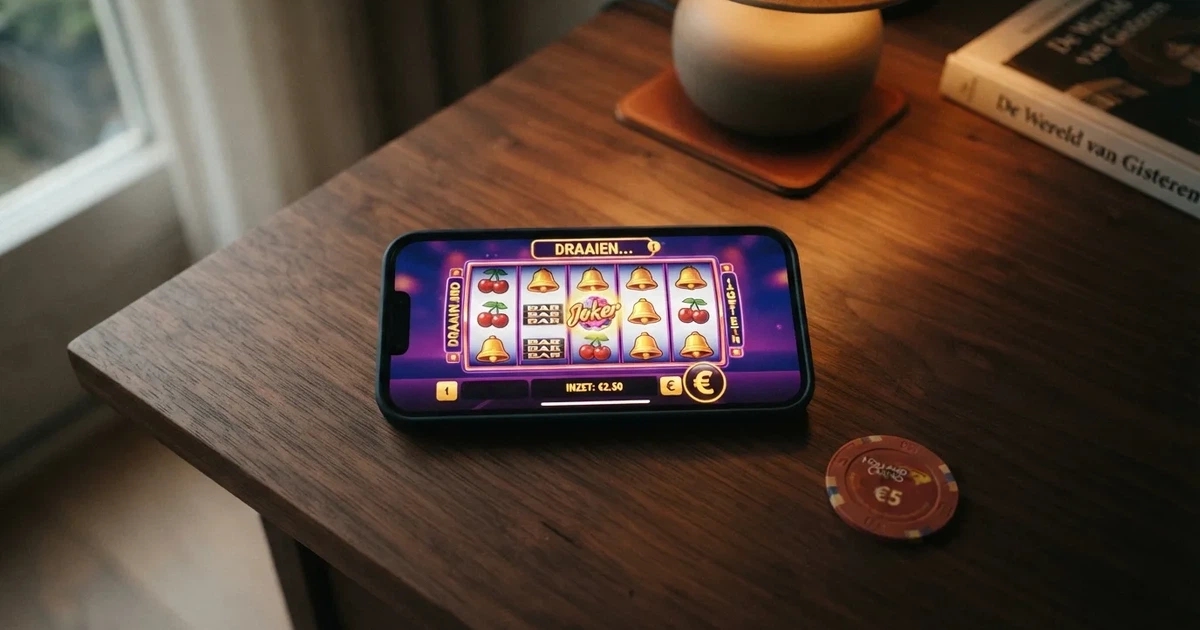 Smartphone met een mobiel casinospel en een iDEAL-betaalscherm in beeld