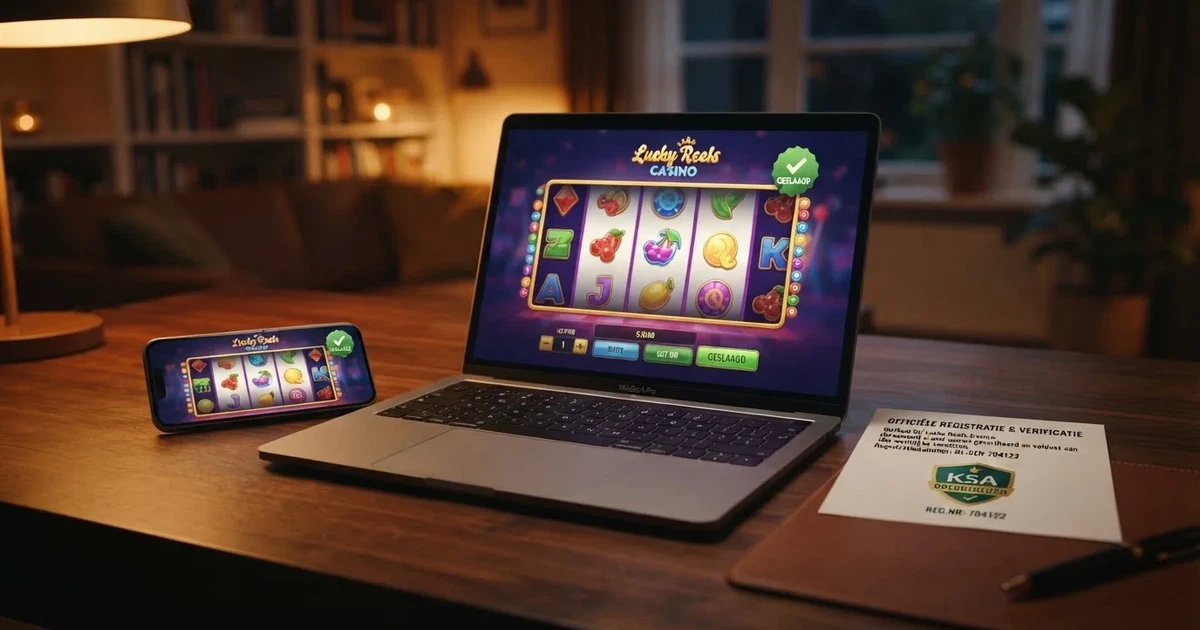 Een laptop en een smartphone met daarop een online casino-website en een vergunningsteken