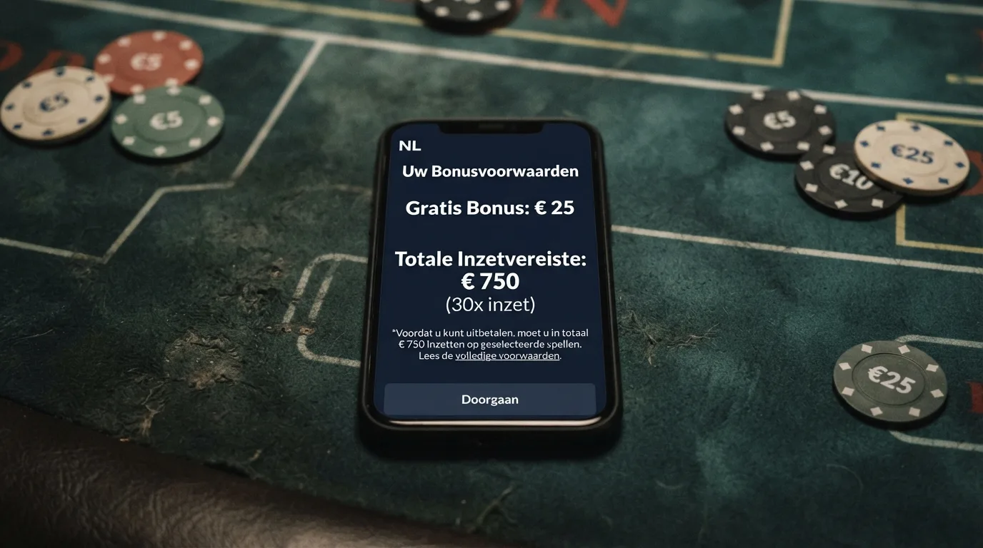 Een close-up van bonusvoorwaarden op een casinoscherm of een uitgelicht overzicht van rondspeelvoorwaarden en limieten