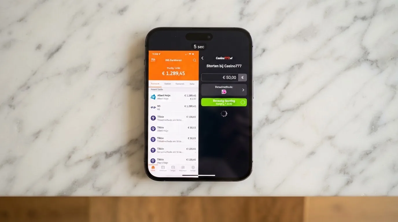 Een smartphone met een bank-app en een casino-stortingsscherm naast elkaar, met een tijdsaanduiding van enkele seconden