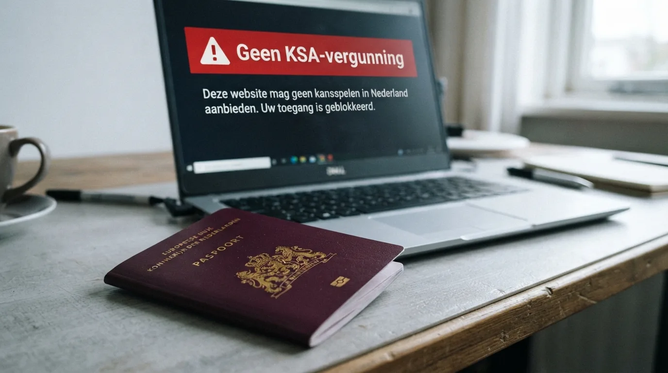 Een Nederlands paspoort naast een scherm met de tekst “Geen KSA-vergunning” en een waarschuwingsteken