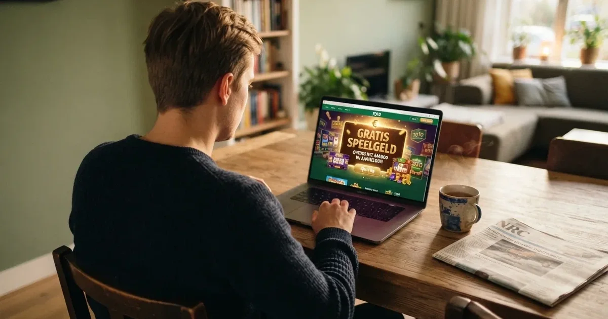 Een Nederlandse speler kijkt naar een online casino-interface op een laptop, met een bonusaanbod van gratis speelgeld in beeld