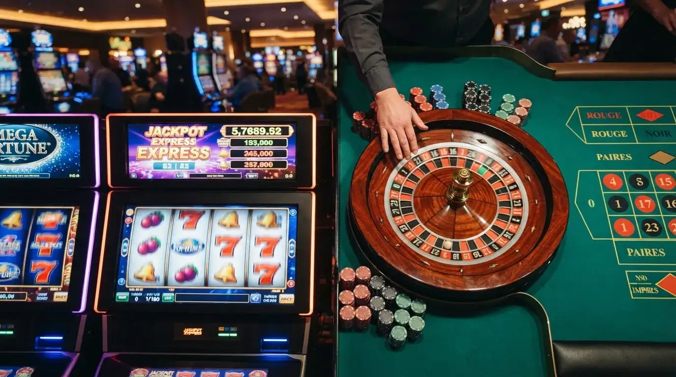 Een selectie kleurrijke online slots naast een live roulettetafel met een echte dealer