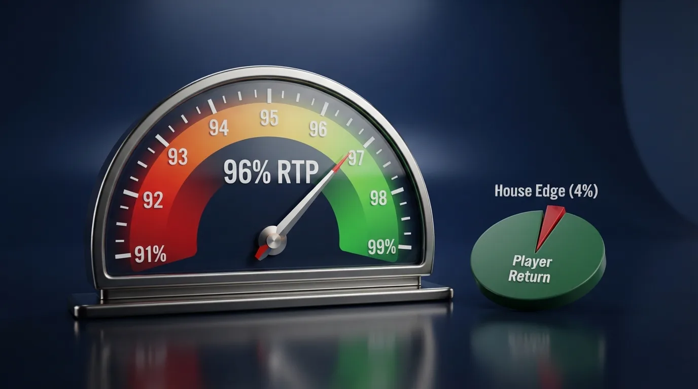 Infographic-achtige weergave van een RTP-meter van 91% tot 99% met het huisvoordeel ernaast als weggesneden taartpunt