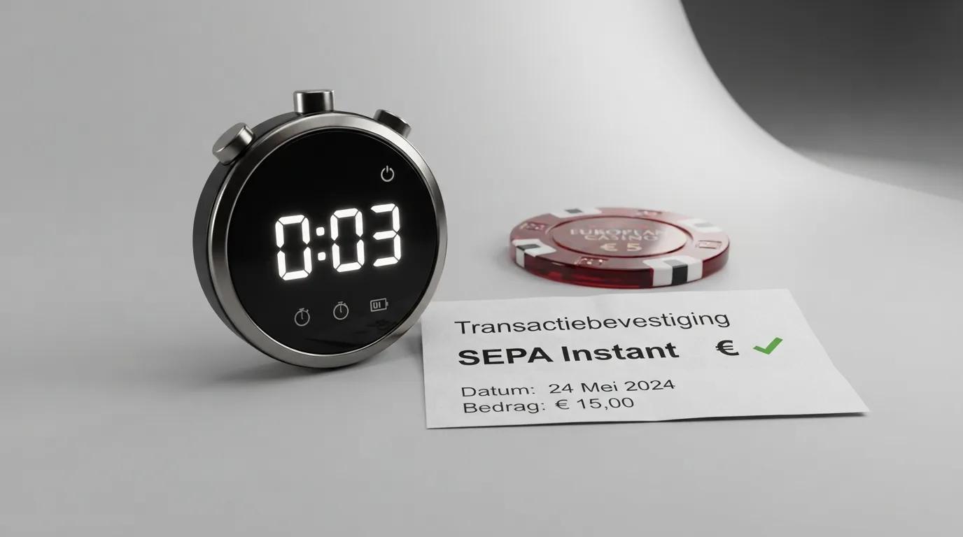 Een digitale timer die op 3 seconden staat naast het logo van een online casino, met de woorden “SEPA Instant” zichtbaar op een bankafschrift