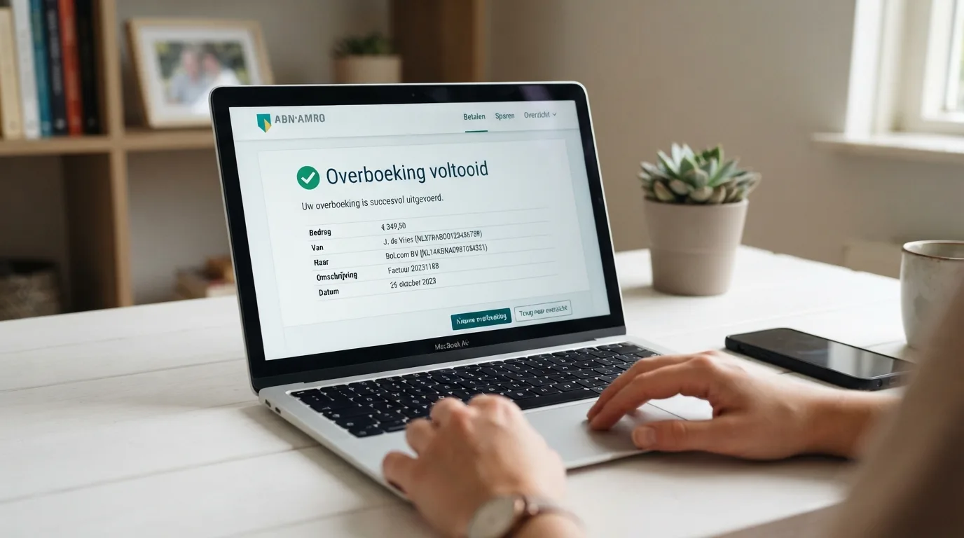 Bankomgeving op een laptop met een bevestigde Sofort-overboeking naar een casino