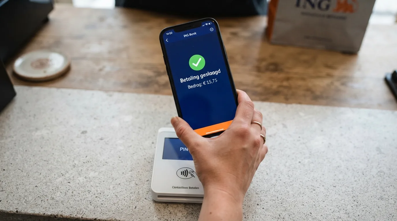 Hand houdt een smartphone met de Bancontact Pay-app boven een betaalterminal
