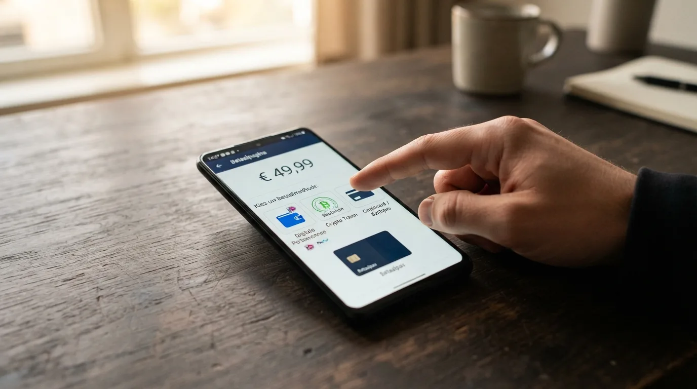 Een betaalpagina van een online casino zonder de iDEAL-knop, met e-wallets en cryptovaluta als opties