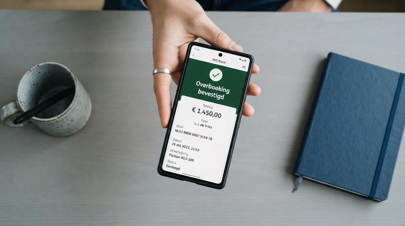 Smartphone met bankapp en een bevestigde overboeking naar een IBAN