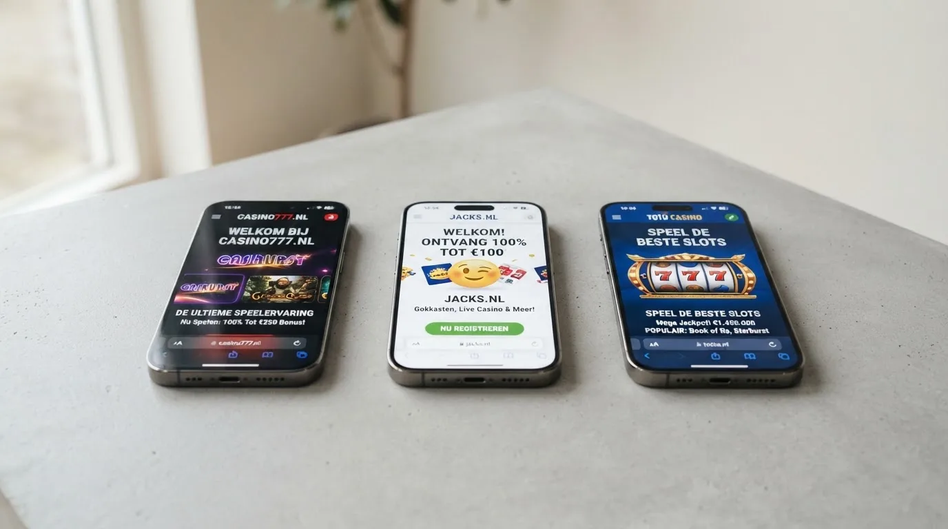 Drie smartphones met elk een andere mobiele casino-homepagina naast elkaar