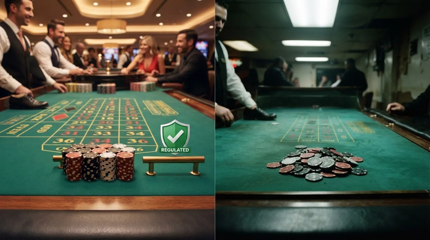 Een split-screen vergelijking tussen een Nederlands vergund casino met Ksa-keurmerk en een offshore casino met een buitenlandse licentie