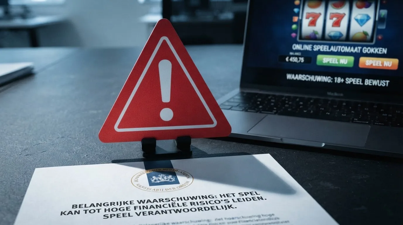 Een rood waarschuwingssymbool naast het logo van een online casino, met op de achtergrond een document met het Ksa-logo
